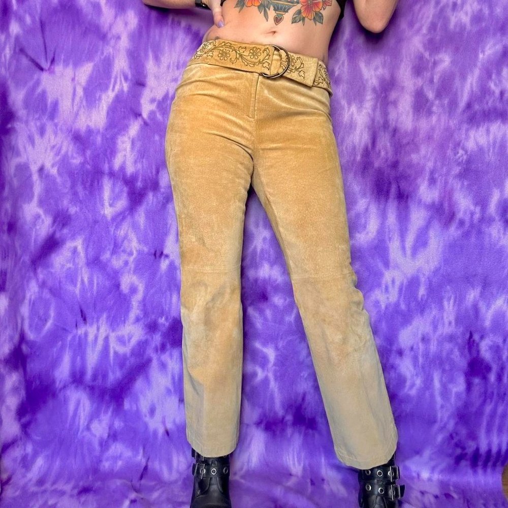 VTG Y2K genuine suede lether beige pants with embroidered waistband